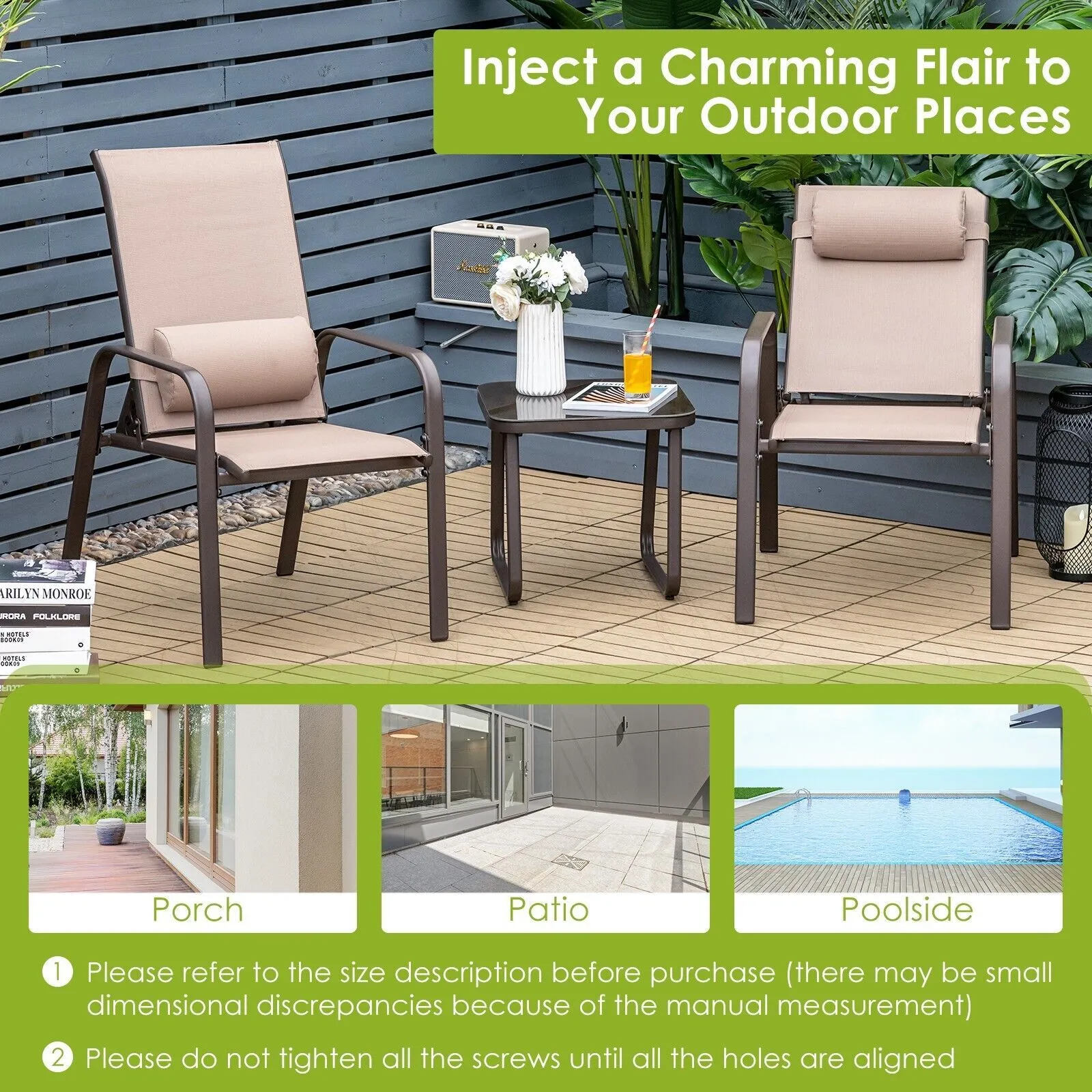 Costway 3-Piece Patio Bistro Furniture Set Outdoor Coffee Table Stackable Chairs Set in Brown 5