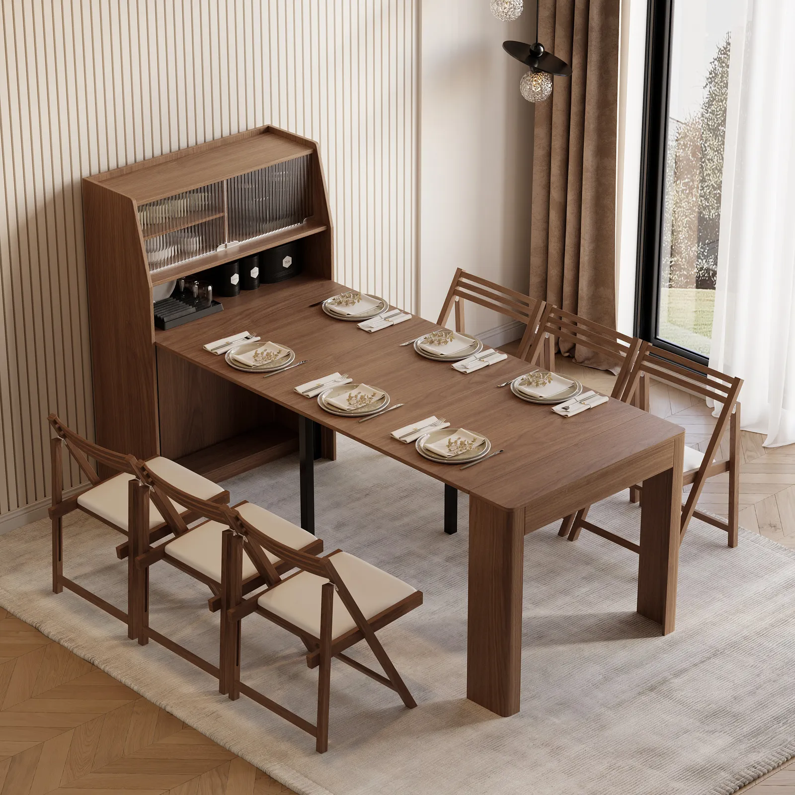Modern Extendable Dining Table with Storage Rectangle Sideboard Glass Door Walnut