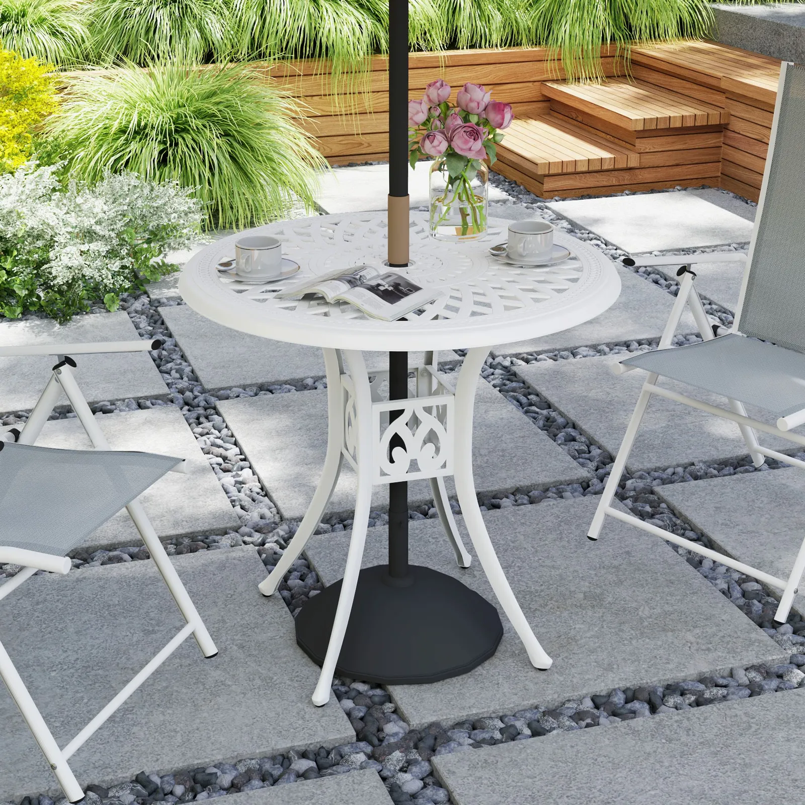 OUTSUNNY 78 cm Round Garden Dining Table with Parasol Hole in White