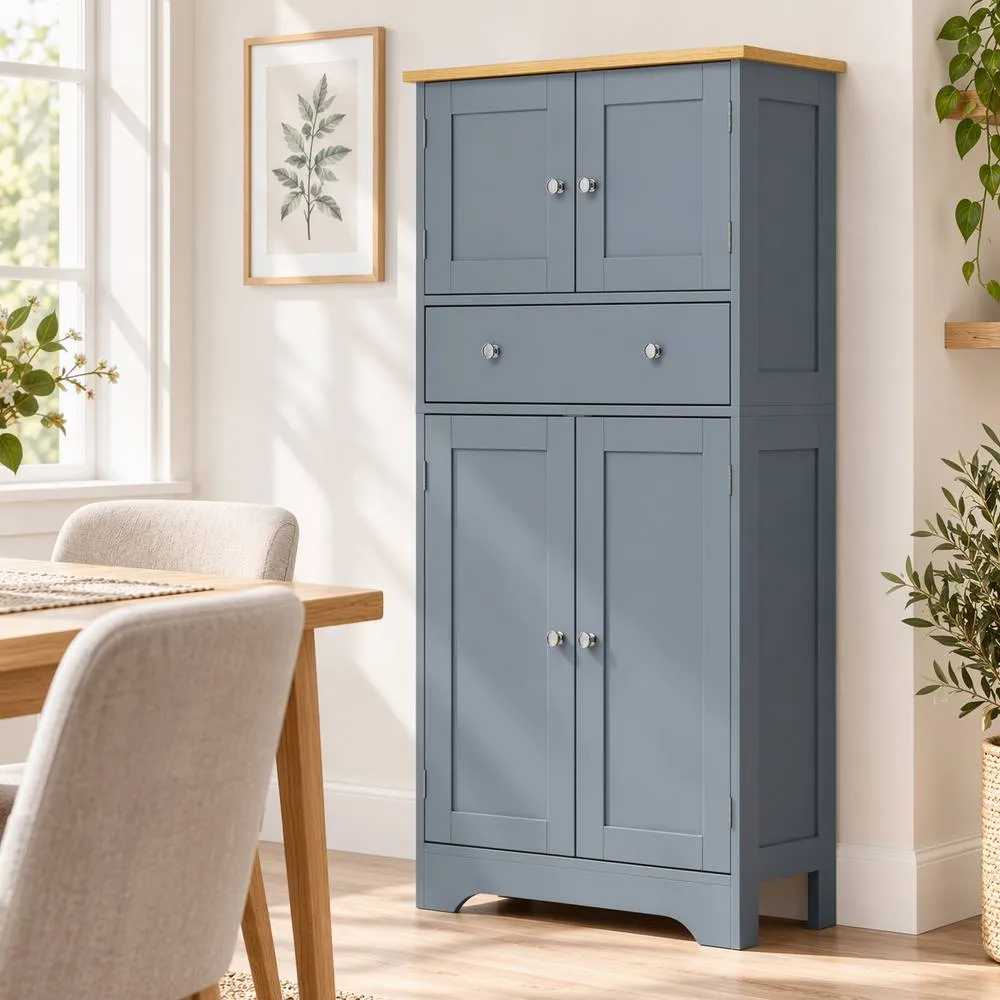 HOMCOM Modern Kitchen Cupboard with 4 Doors & Adjustable Shelf, Grey Blue 2