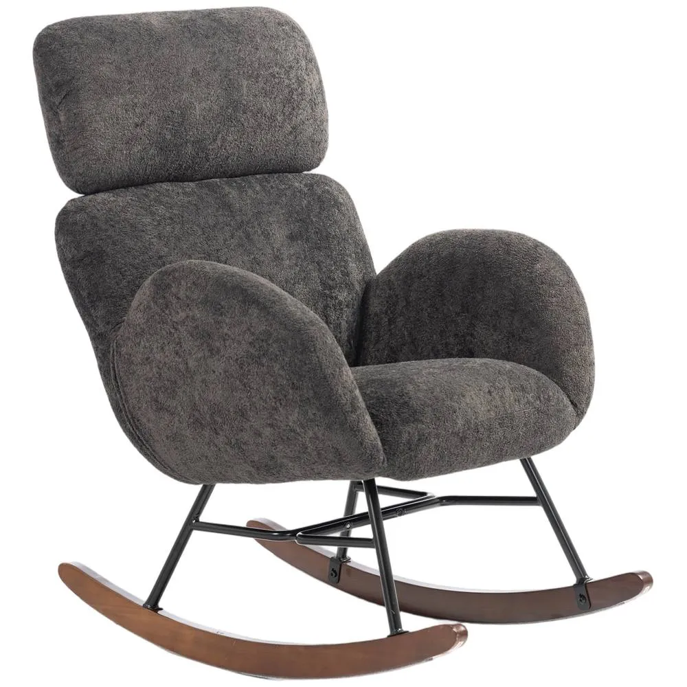 HOMCOM Rocking Chair with Adjustable Headrest Velvet Upholstery Dark Grey