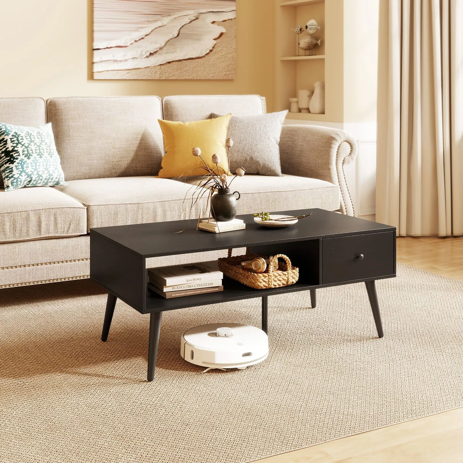 Costway 109 CM Rectangular Wooden TV Stand Entertainment Center w/Open Shelf in Black 6