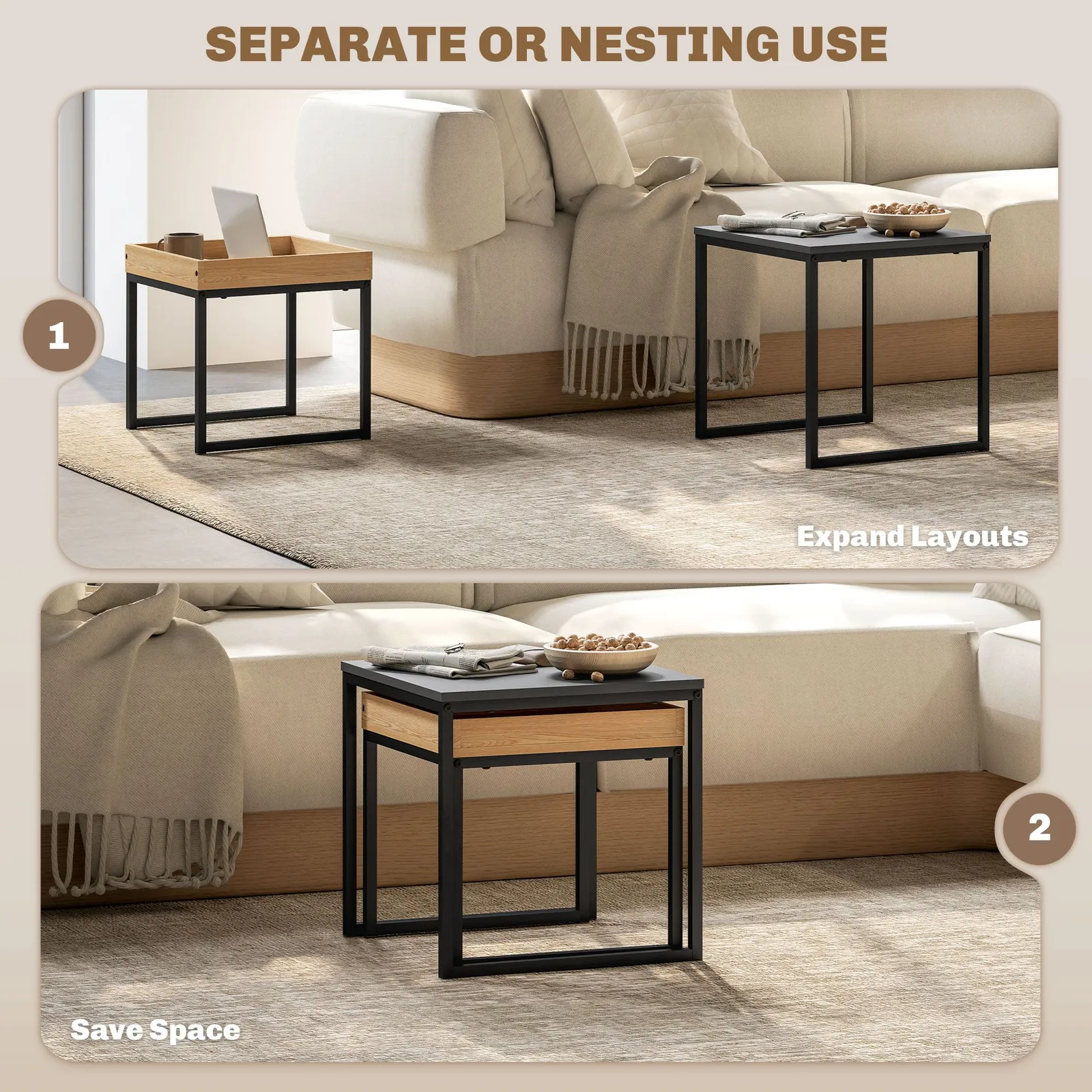 HOMCOM Modern Coffee Table Set Square Nest of Tables for Small Space in Black 4