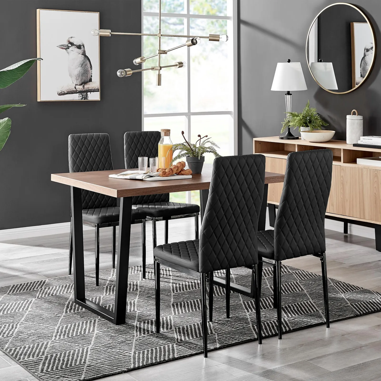 FurnitureboxUK Kylo Brown Wood Effect Dining Table With Black 'U' Legs & 4 Milan Faux Leather Chairs