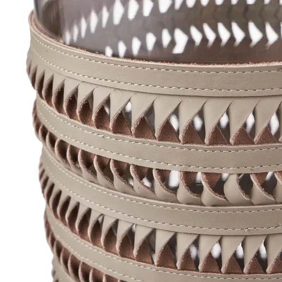 Silver & Grey Plaited Leather Hurricane Candle Holder 2