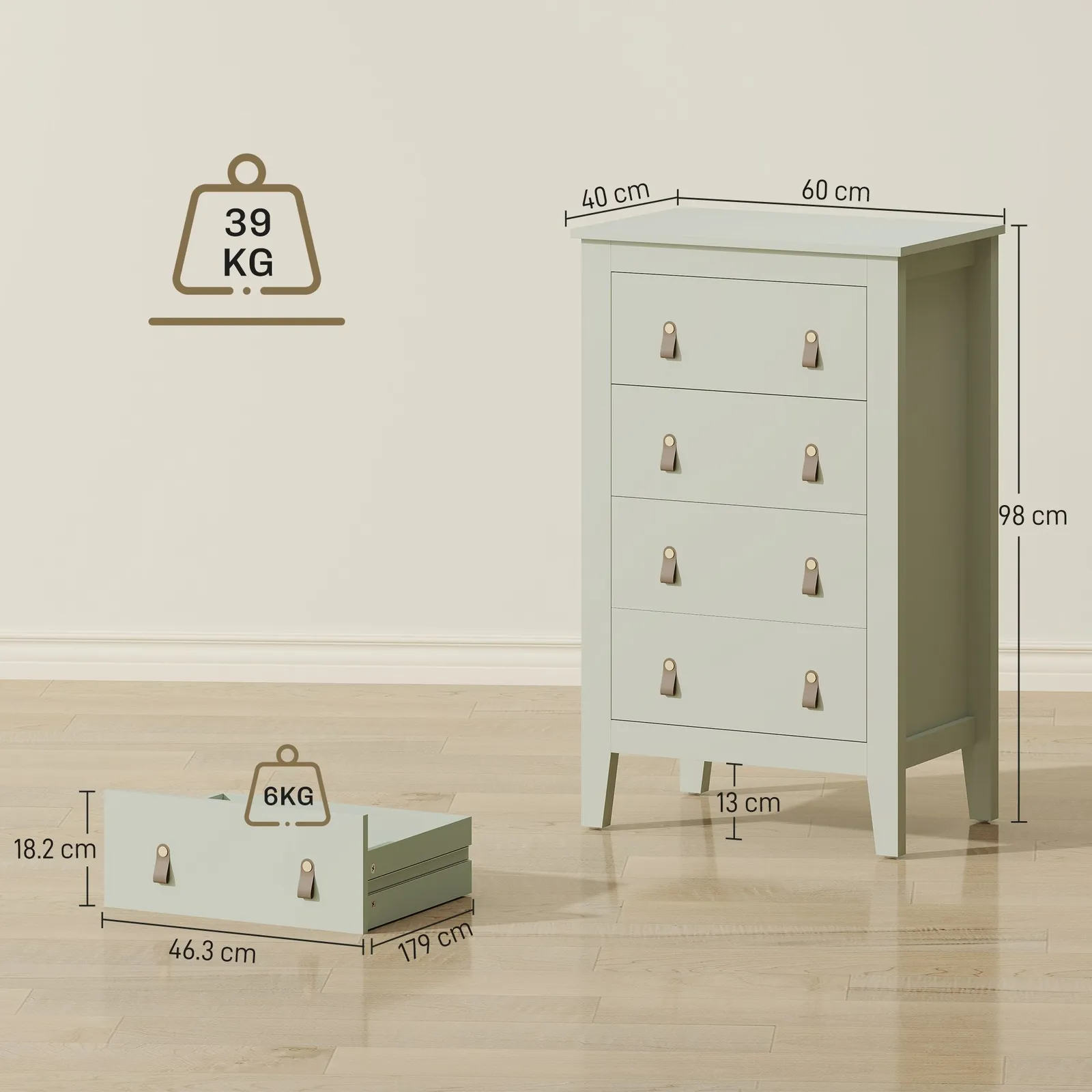 HOMCOM Chest of Drawers, Modern 4 Drawer Dresser in Green 3