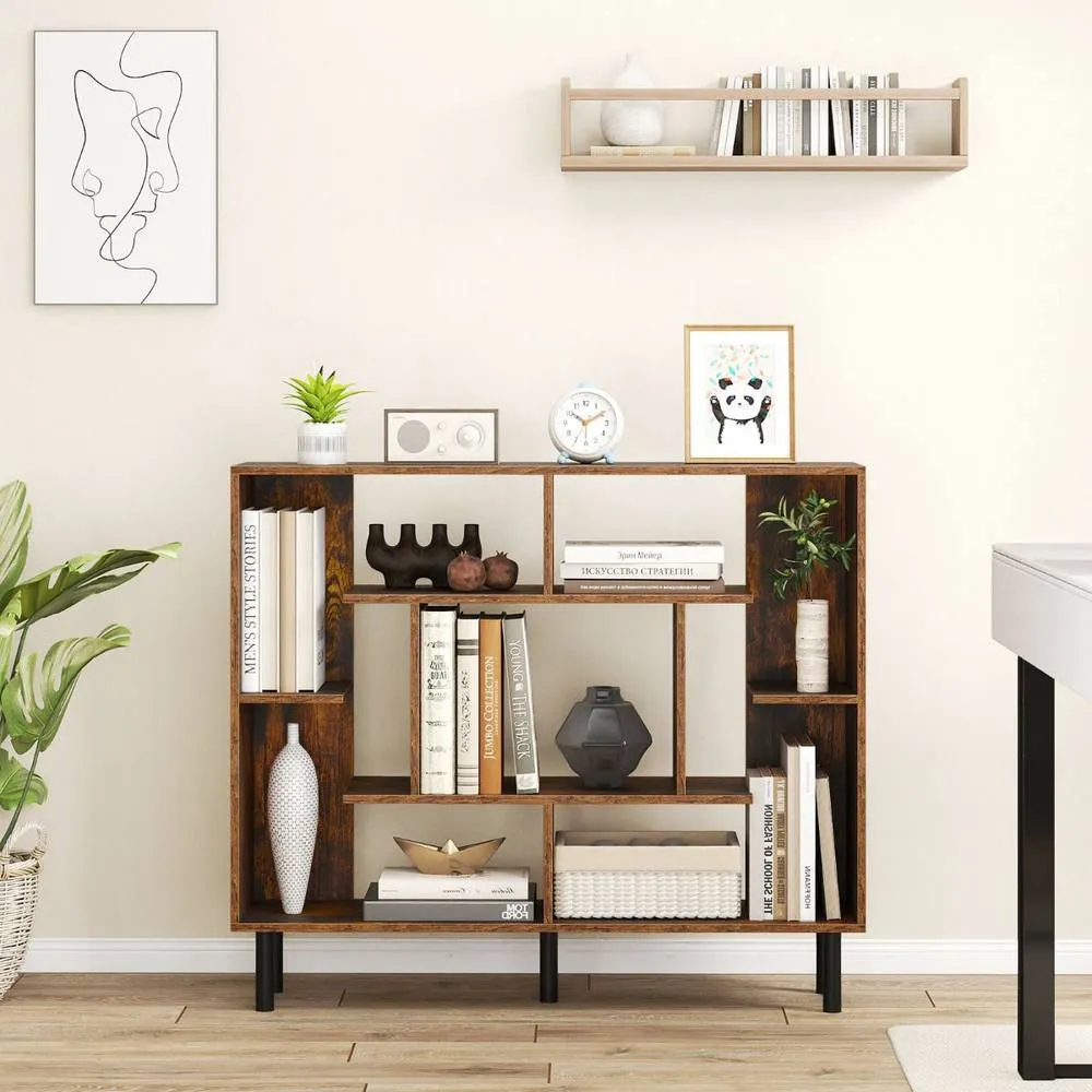 Costway Modern Geometric Bookcase Wooden Open Bookshelf Display Shelves in Brown 4