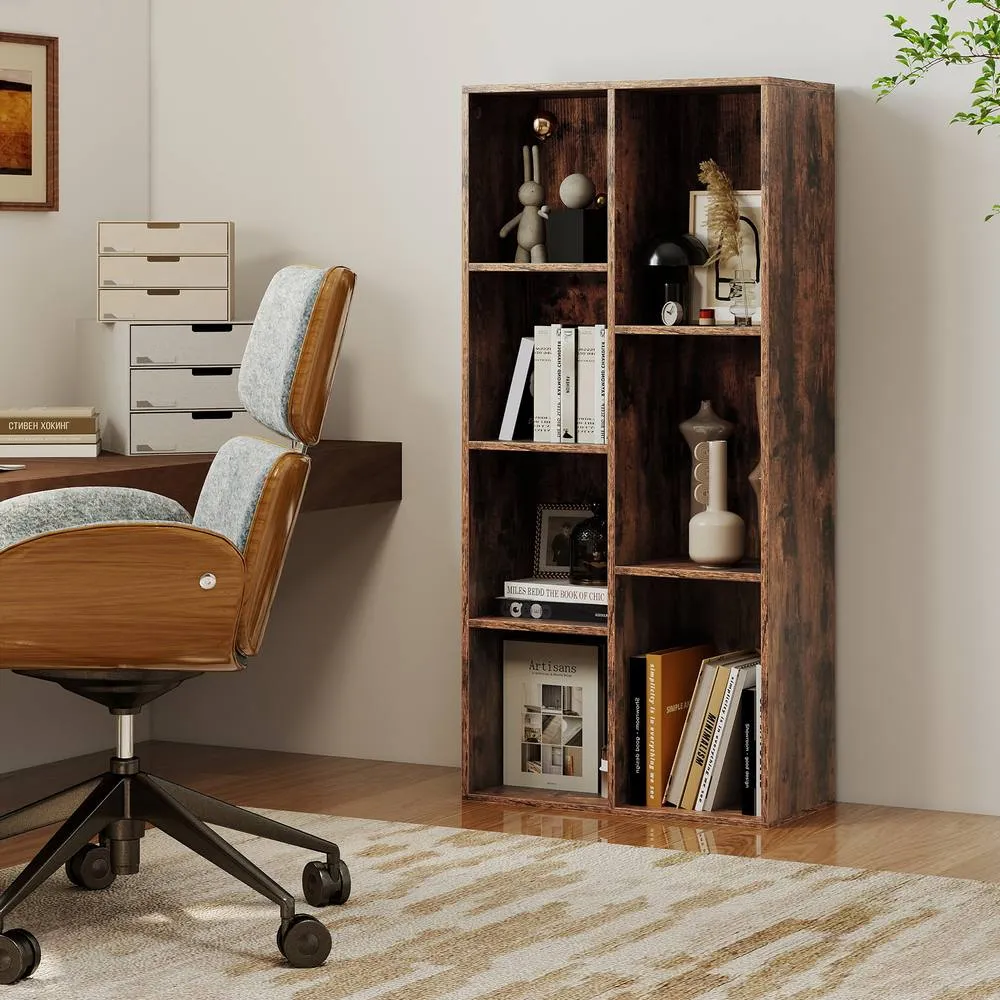 Costway 7-Cube Wooden Bookcase Industrial Display Bookshelf Open Storage Unit in Brown
