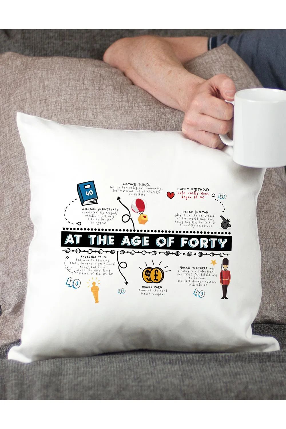 Afewhometruths 40th Birthday Fun Facts Cushion Gift in Off-White