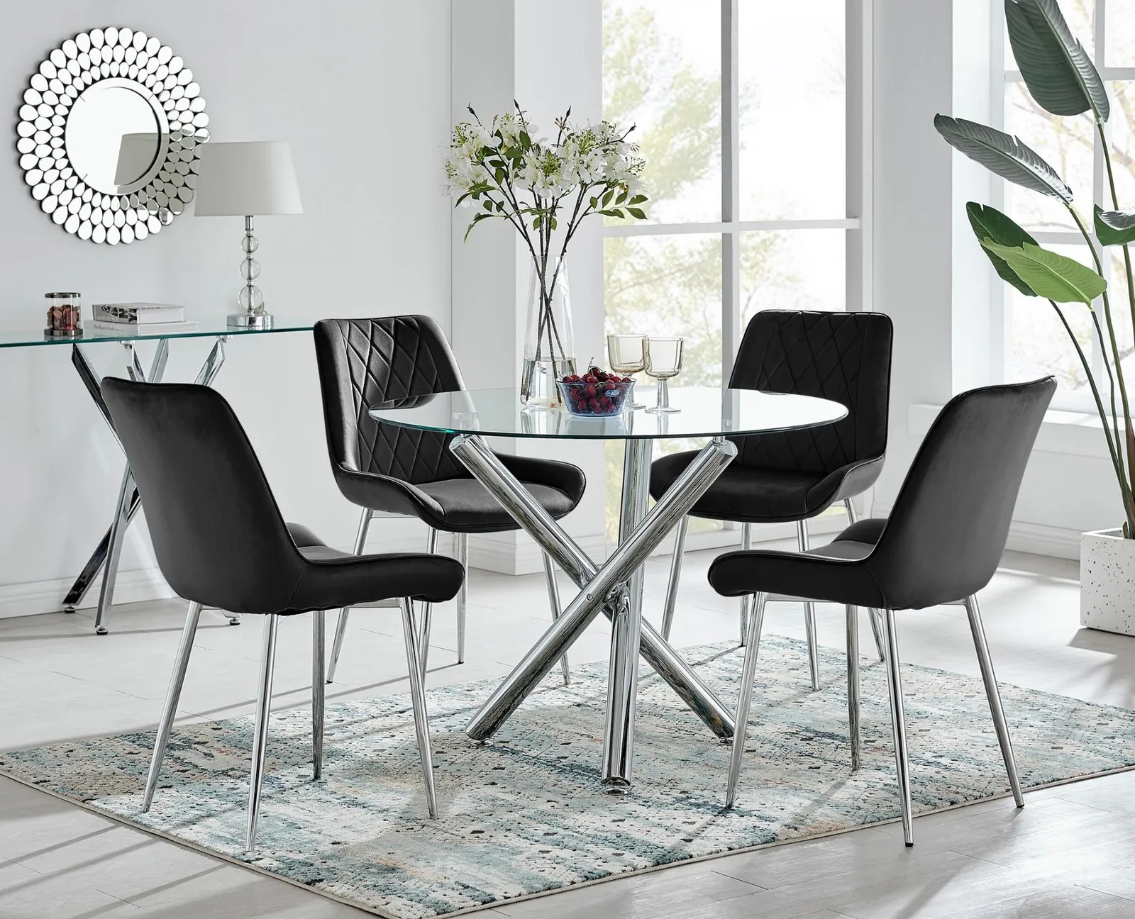 FurnitureboxUK Selina Round Glass Chrome Leg Dining Table & Pesaro Silver Leg Chairs in Black