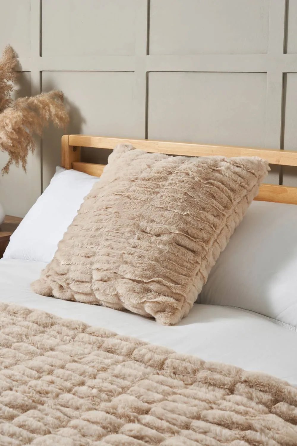 BHS Ruched Faux Fur Cushion in Beige 1