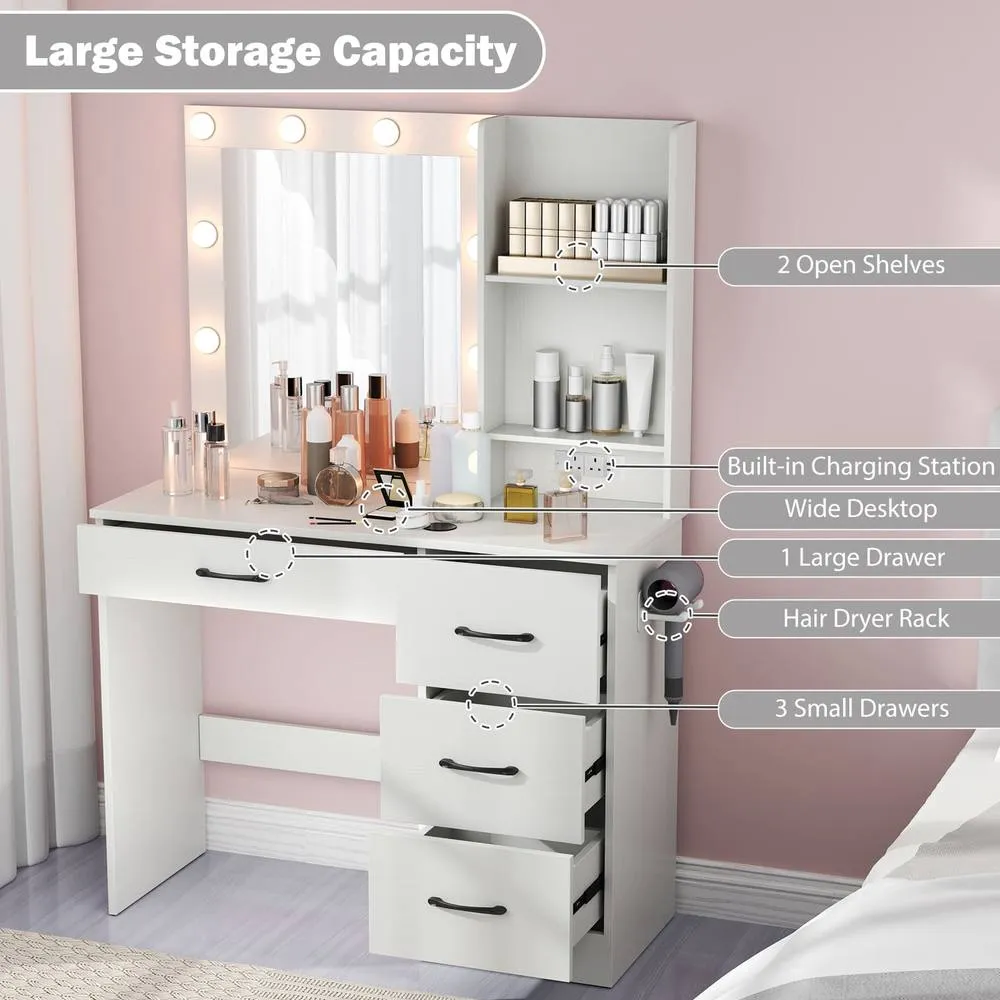 Costway Makeup Vanity Desk w/Lights Dressing Table w/Charging Station &Drawers in White 4