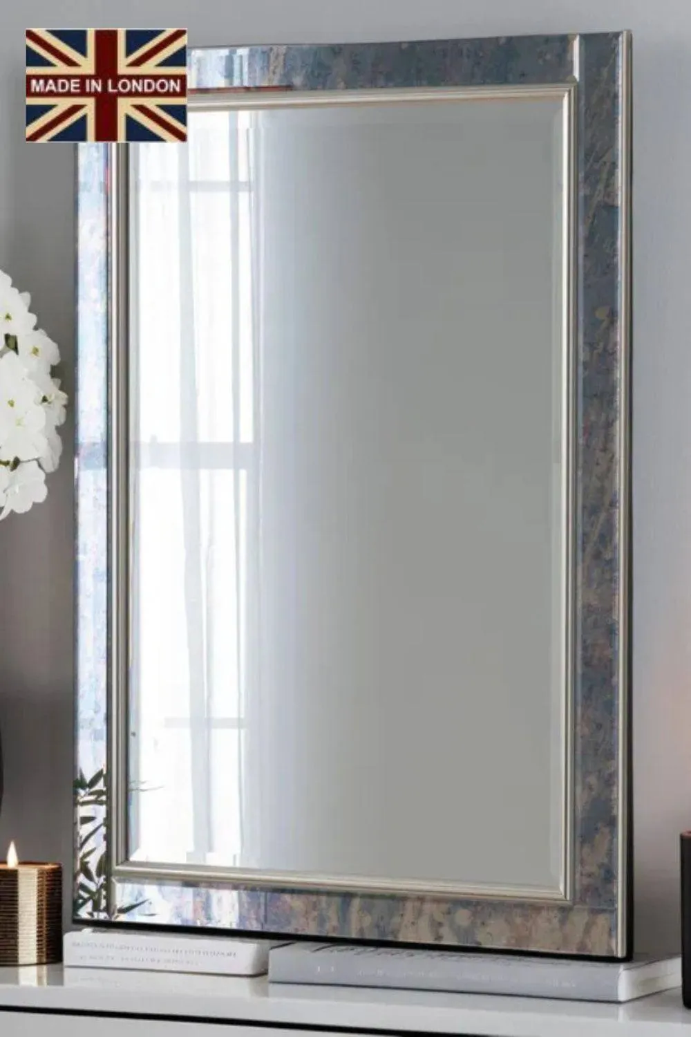 Yearn Mirrors Antique Mottled Lunar Wall Mirror Bevelled in Metallic Silver