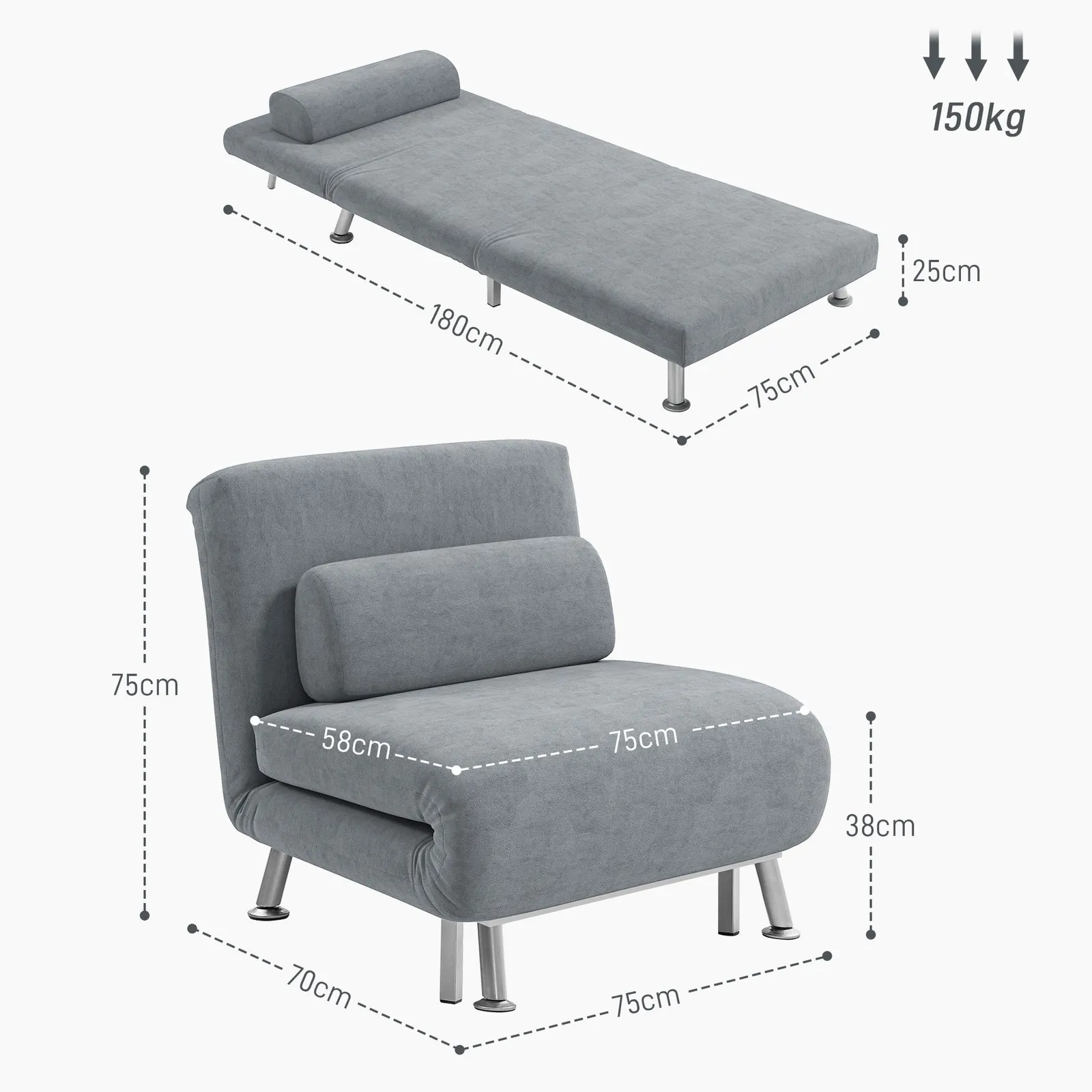 HOMCOM Folding 5 Position Convertible Sleeper Bedroom Chair Bed Grey 3