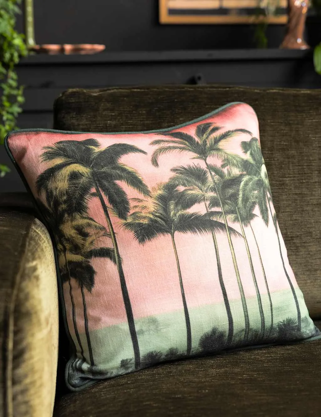 Rockett St George Pure Cotton Palm Paradise Piped Cushion Pink Mix
