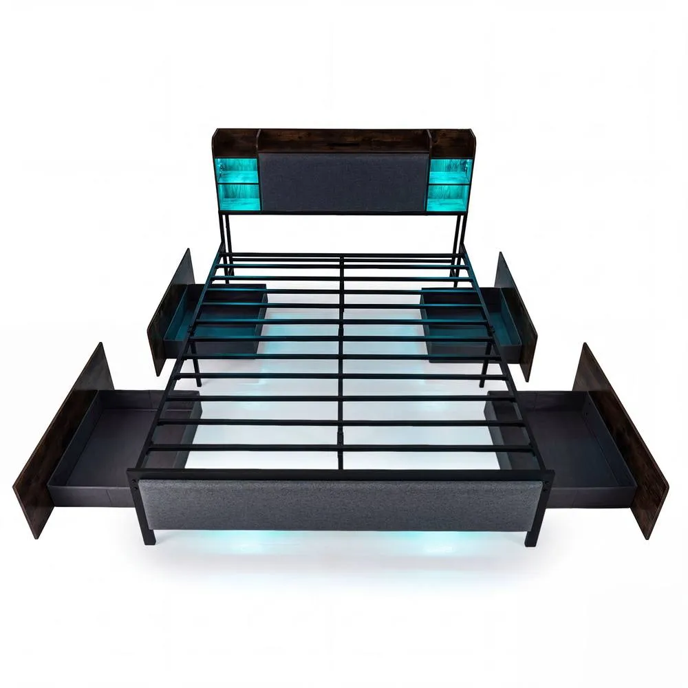 Costway King Size Bed Frame w/ LED Lights & Charging Station Platform Bed in Brown
