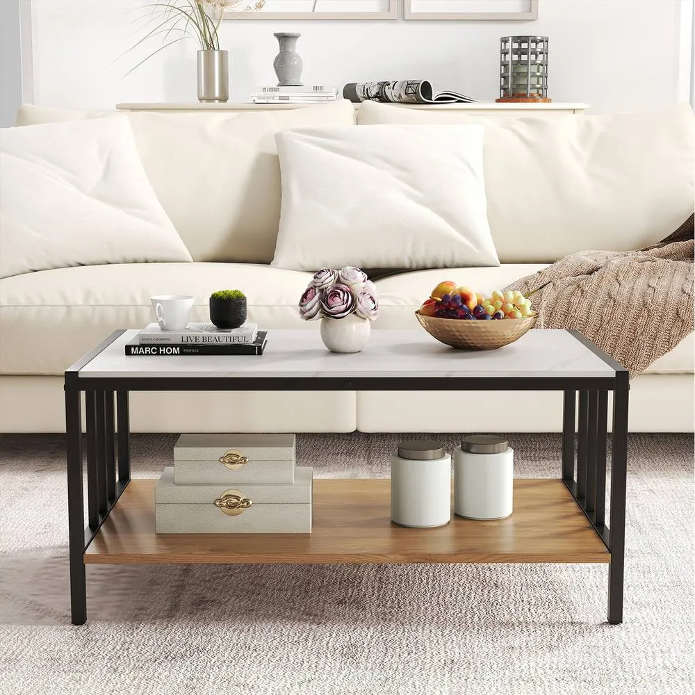 Costway 2-Tier Coffee Table Rectangular Center Table w/Storage Shelf-White in White 2