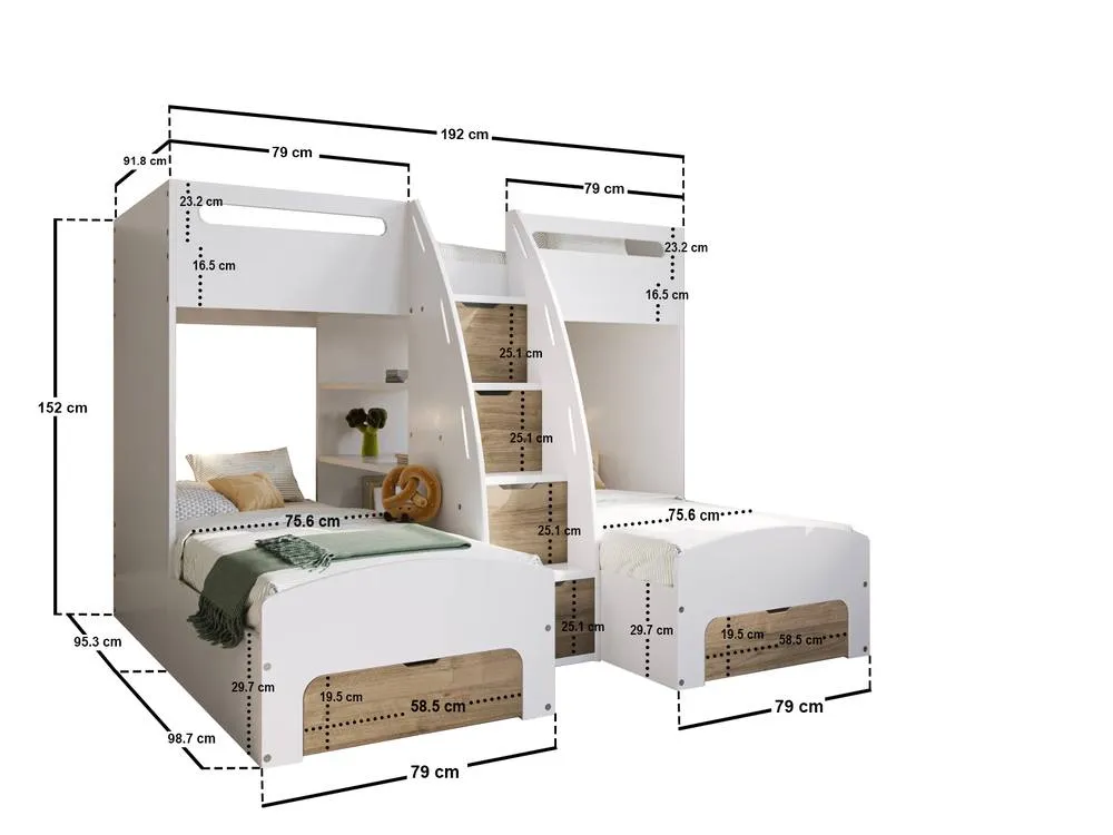 Flair Eddie Staircase Triple Bunk Bed with Storage in White 6