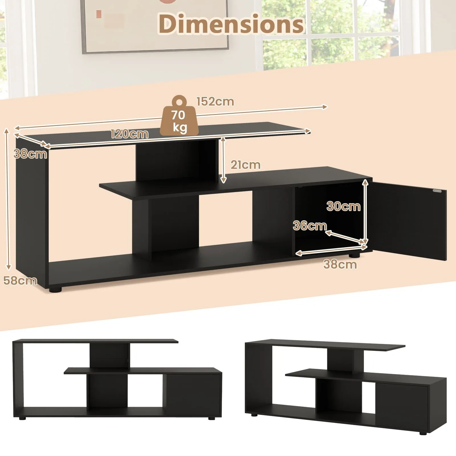 Costway TV Stand for TVs up to 55" 3-Tier Media Console Table w/Storage-Black in Black 3