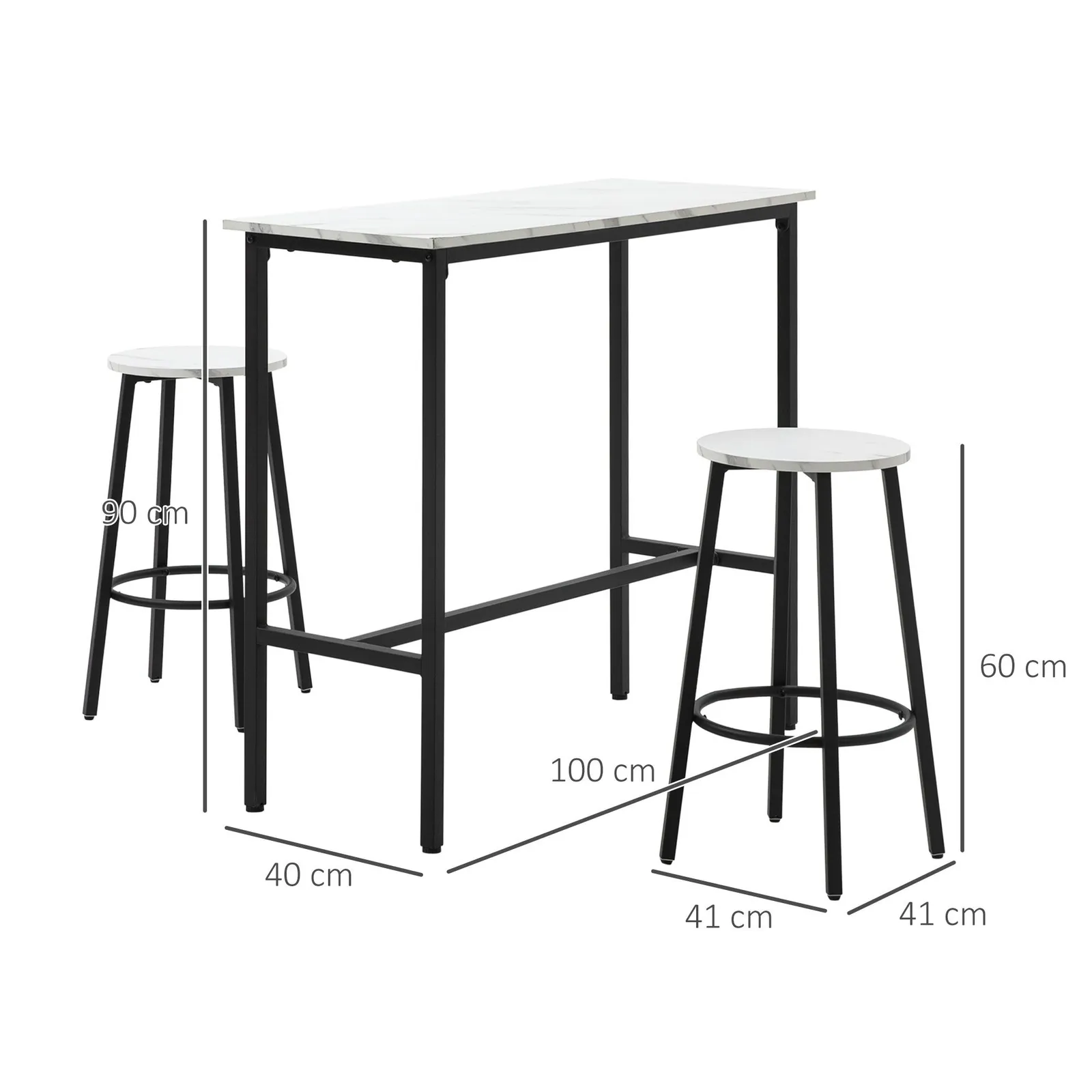 HOMCOM 3 Piece Bar Table Set for 2 with Stools Steel Frame Footrest White 3