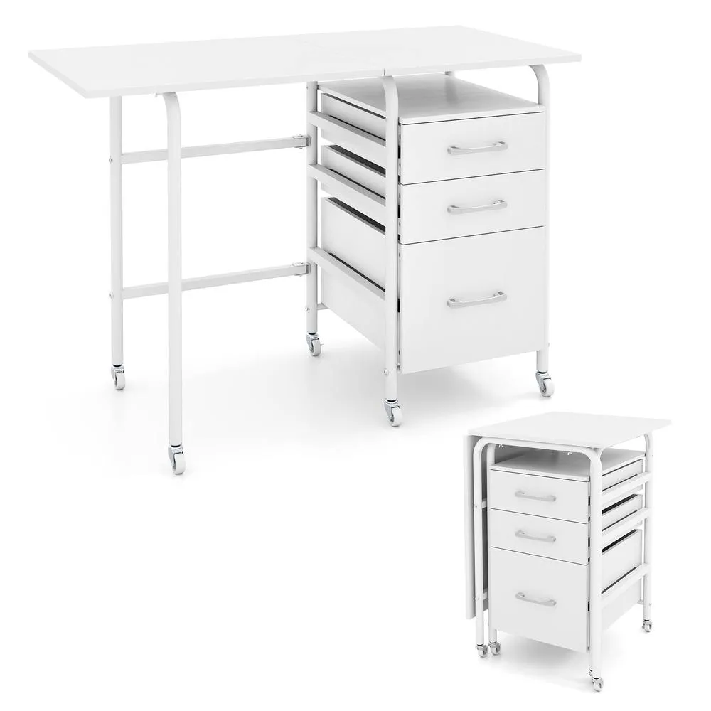 Costway Folding Desk with 3 Drawers Convertible Computer Desk in White 5