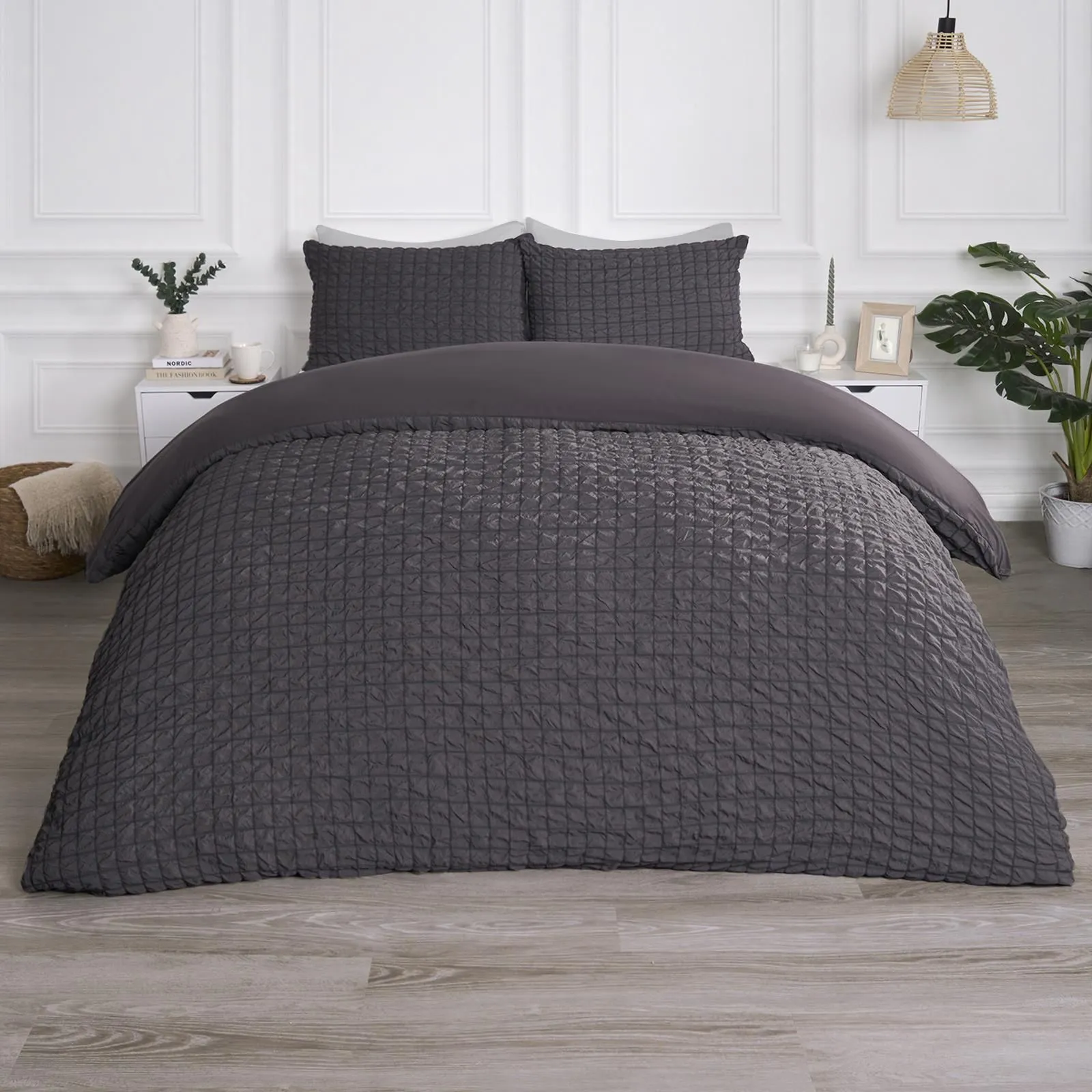 OHS Luxury Seersucker Duvet Cover Set Geo Pillowcase Quilt in Charcoal