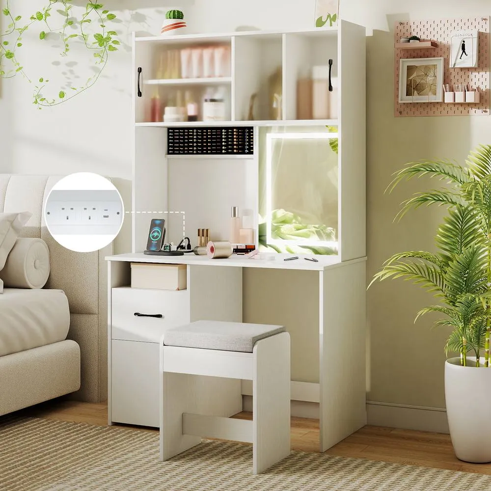 Costway Vanity Desk w/ Mirror & Lights Makeup Dressing Table w/ Power Outlets in White 3