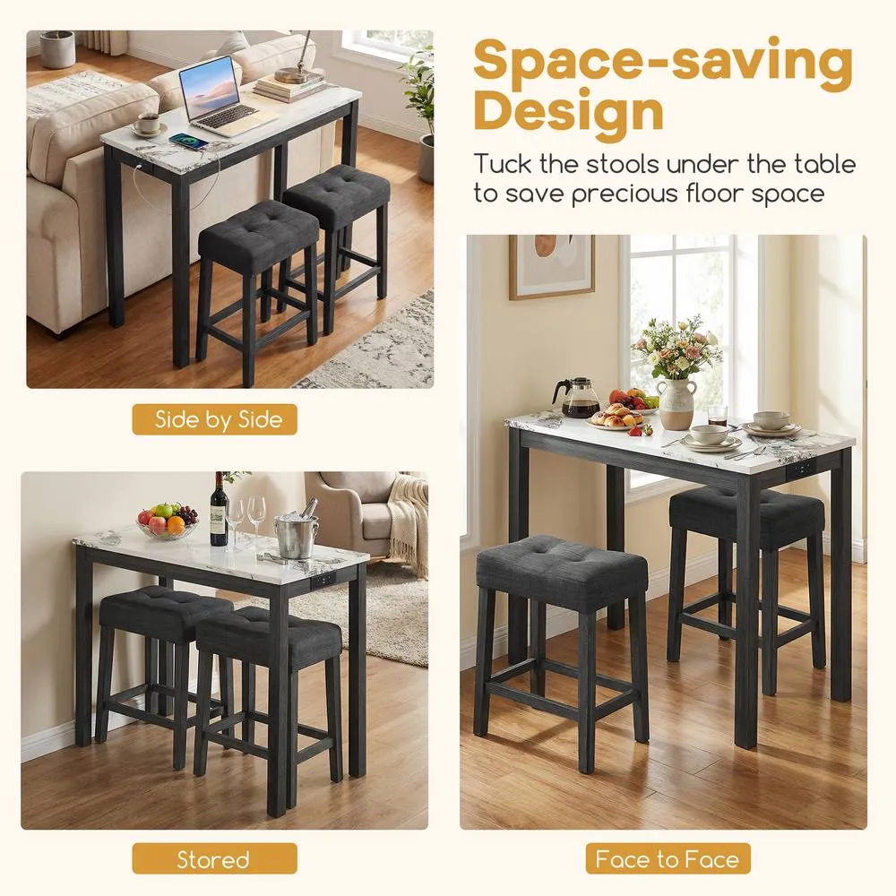 Costway 3PCS Bar Table Set w/ Charging Station Modern Pub Table w/ 2 Stools in White 5