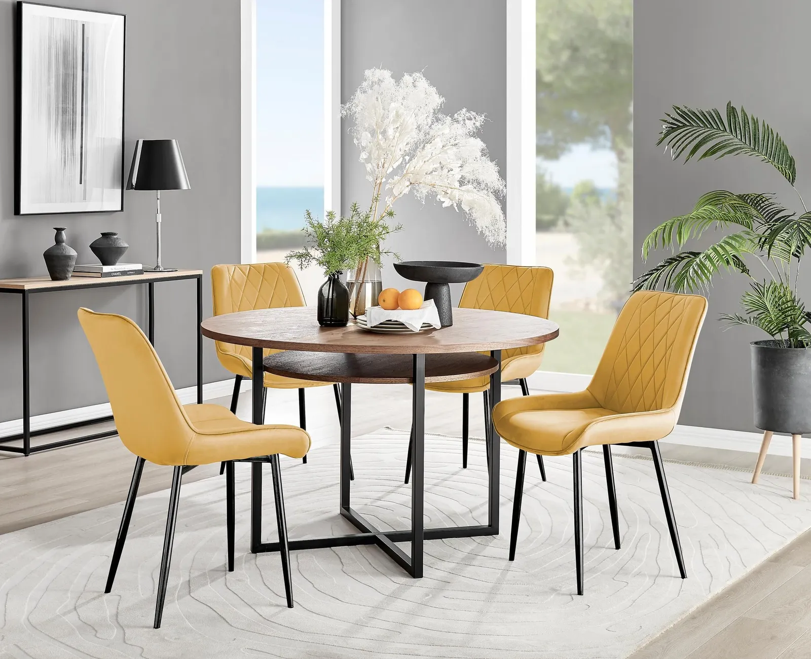 FurnitureboxUK Adley Brown Wood Storage Dining Table & 4 Pesaro Black Leg Chairs in Mustard 1