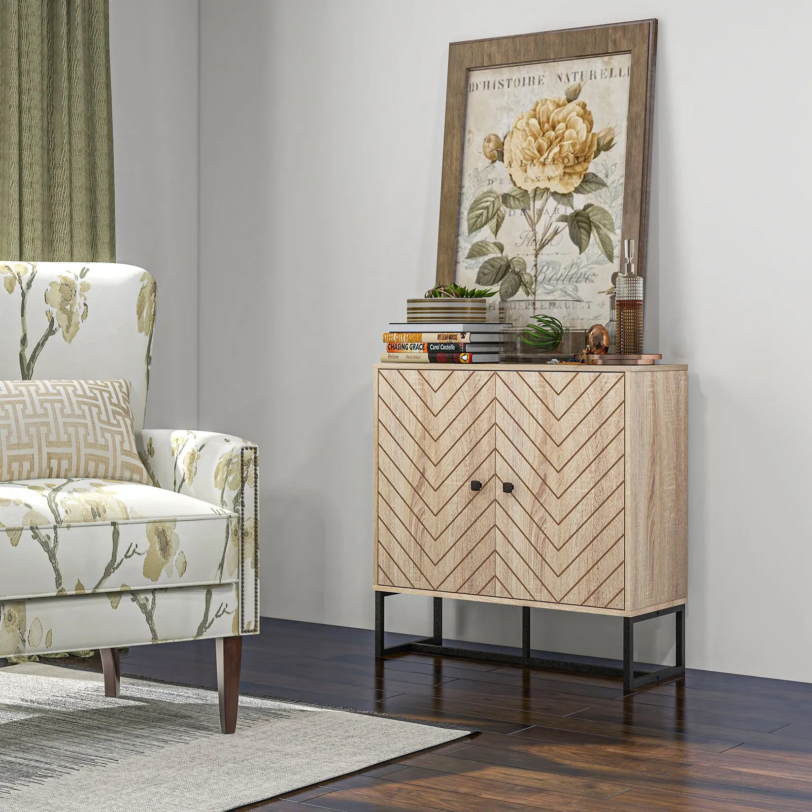 HOMCOM Embossed Arrow Storage Cabinet with Adjustable Shelf Metal Frame in Light Brown