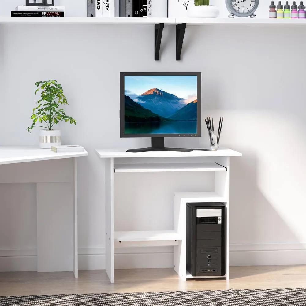 HOMCOM Compact Small Computer Table Wooden Desk Keyboard Tray Storage White 2