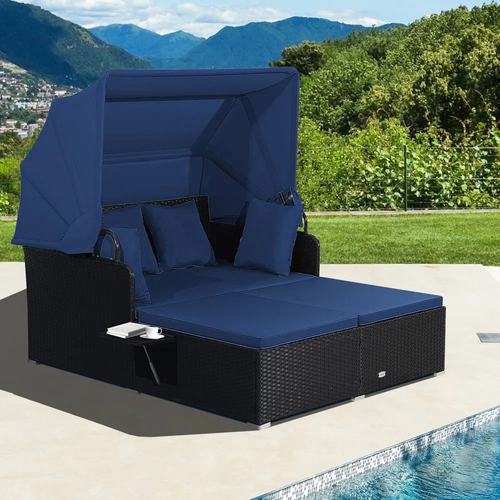 Costway Daybed with Retractable Canopy PE Rattan Wicker Sunbed for 2 Persons in Blue 4