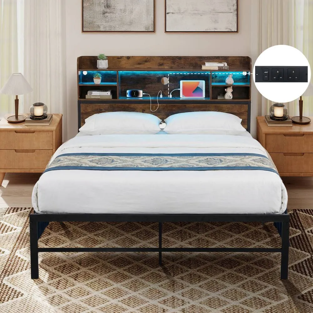 Costway Double Size Bed Frame w/LED Lights&Charging Station Metal Platform Bed in Brown 3
