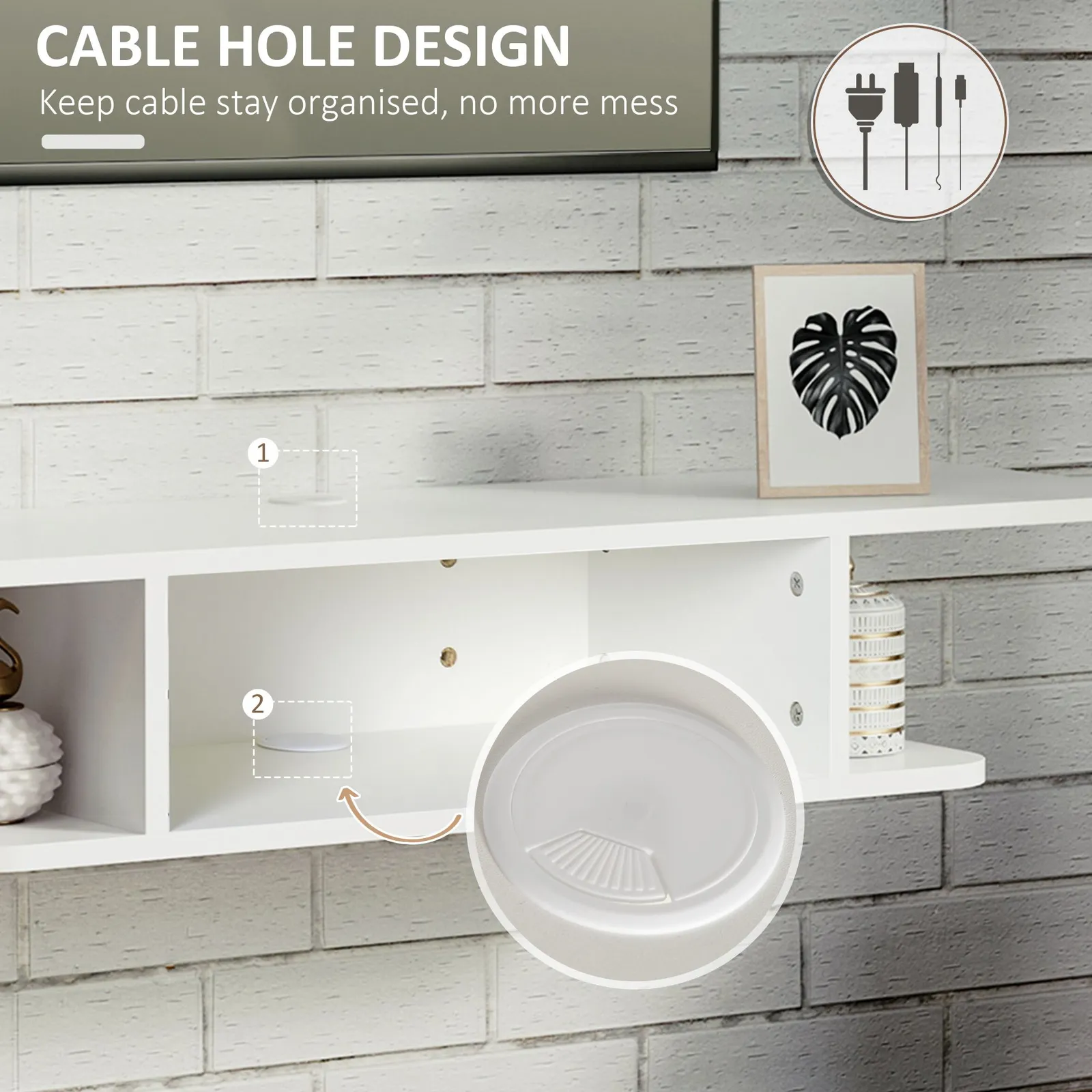 HOMCOM TV Unit Stand Wall Mount Media Console with Storage Shelf in White 4