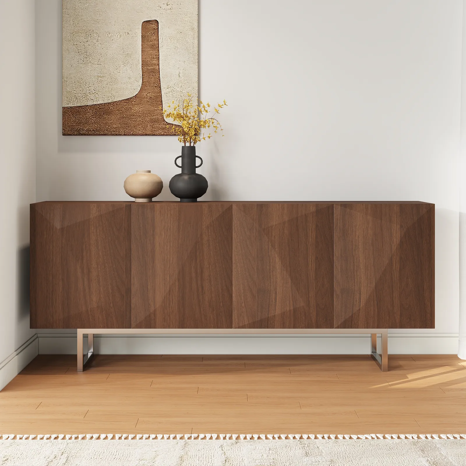 180 cm Modern Walnut&Silver Sideboard Kitchen Cabinet with djustable Shelves