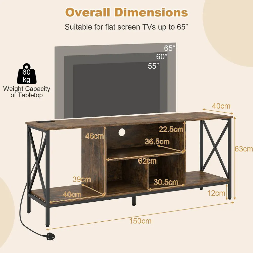 Costway TV Stand LED Lights for 65 Inch TV Power Outlets in Brown 2