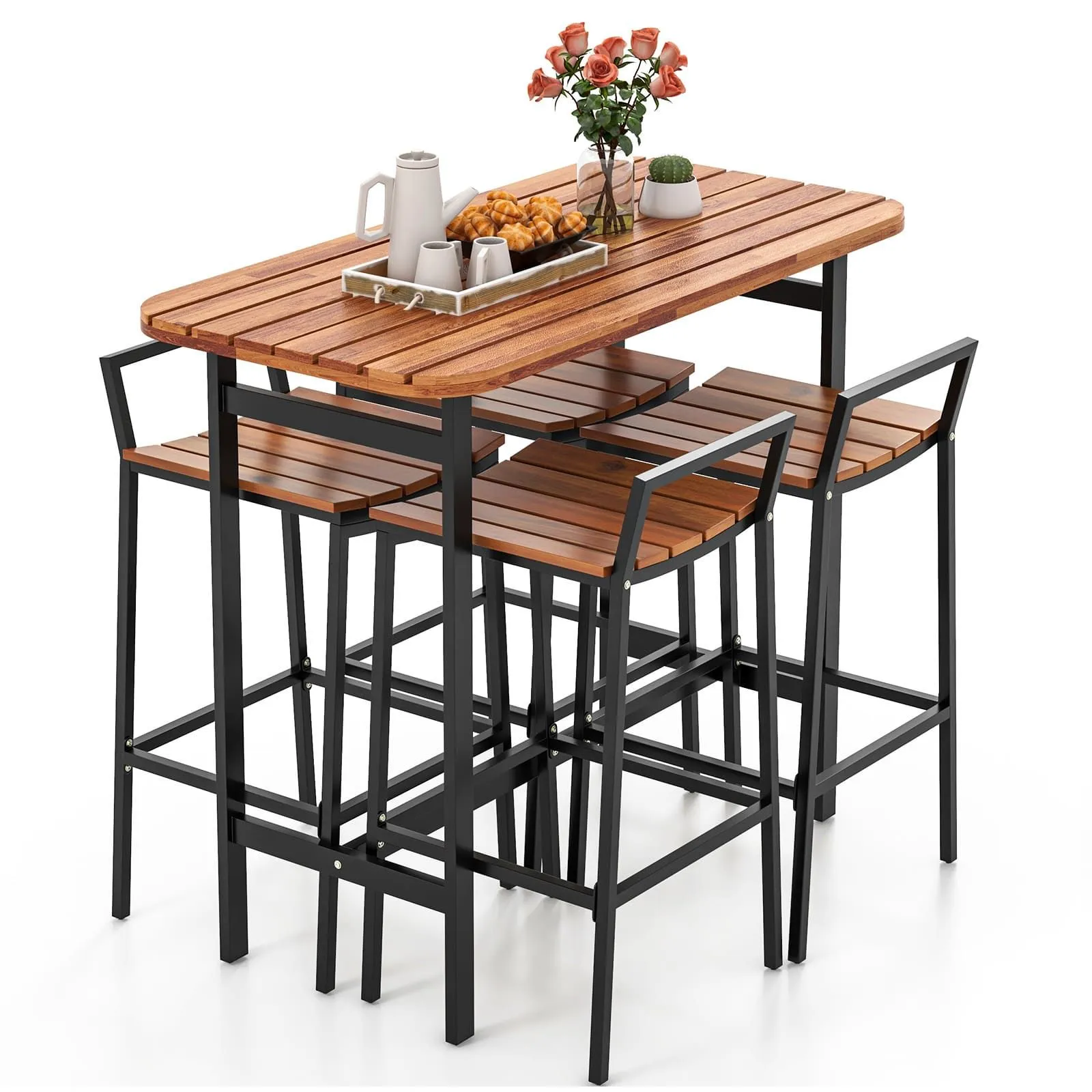 Costway 5Pcs Acacia Wood Bar Table Set Outdoor Bar Height Table & Chairs in Natural