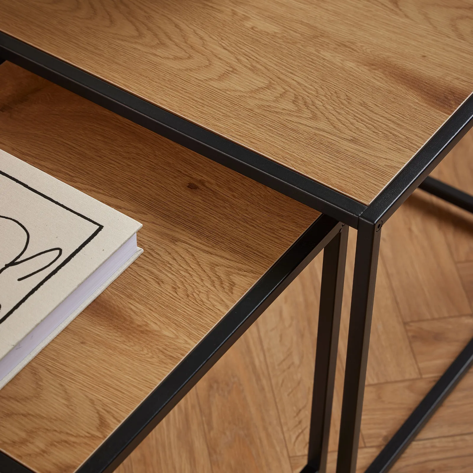 Furniture To Go Seaford Black Metal Nest of Tables with Oak Top in Brown 6
