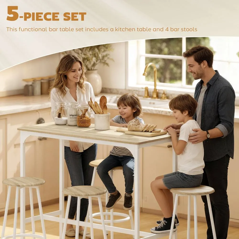 HOMCOM 5 Piece Bar Table & Stools Set with Metal Frame Natural Wood 4