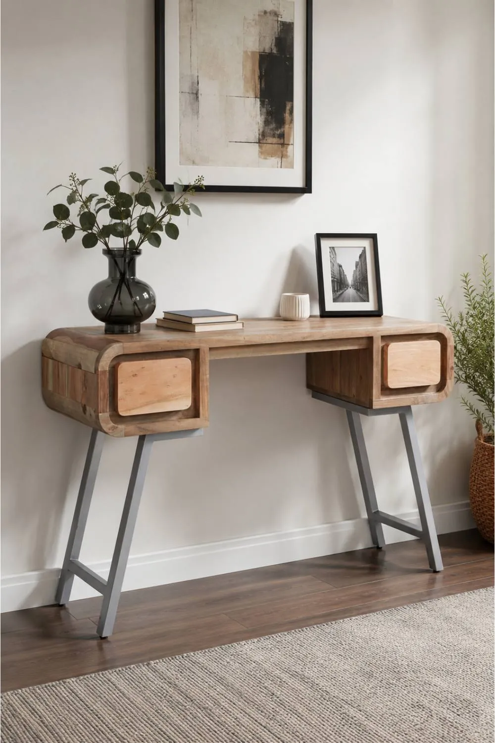 IH Design Auckley Acacia Wood & Reclaimed Metal Desk with Drawer in Brown