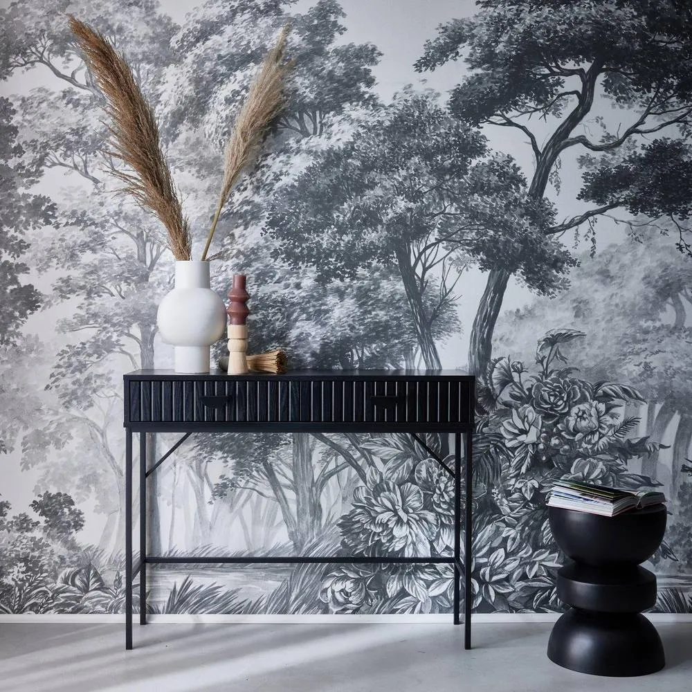 sweeek 100cm Console With Grooved Wood Decor & 2 Drawers in Black
