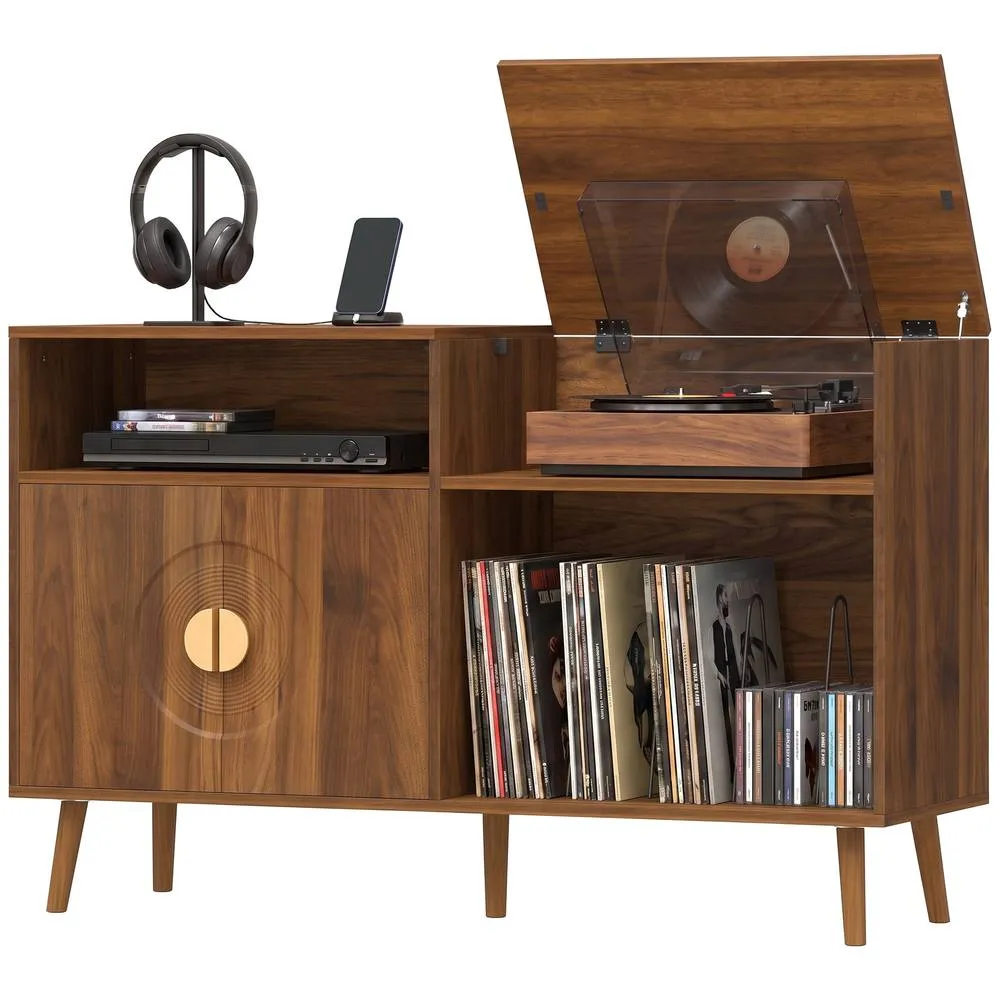 HOMCOM Record Player Stand Holds Up to 300 Albums with Cable Hole in Walnut