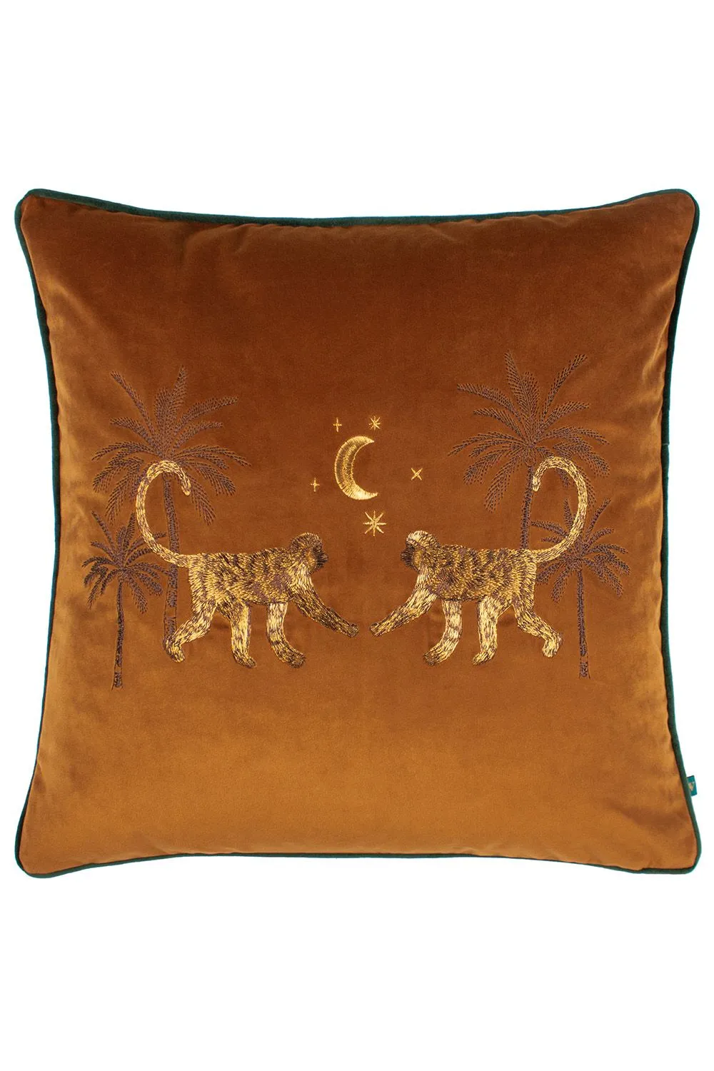 Wylder Tropics Dusk Monkey Embroidered Piped Velvet Cushion in Orange