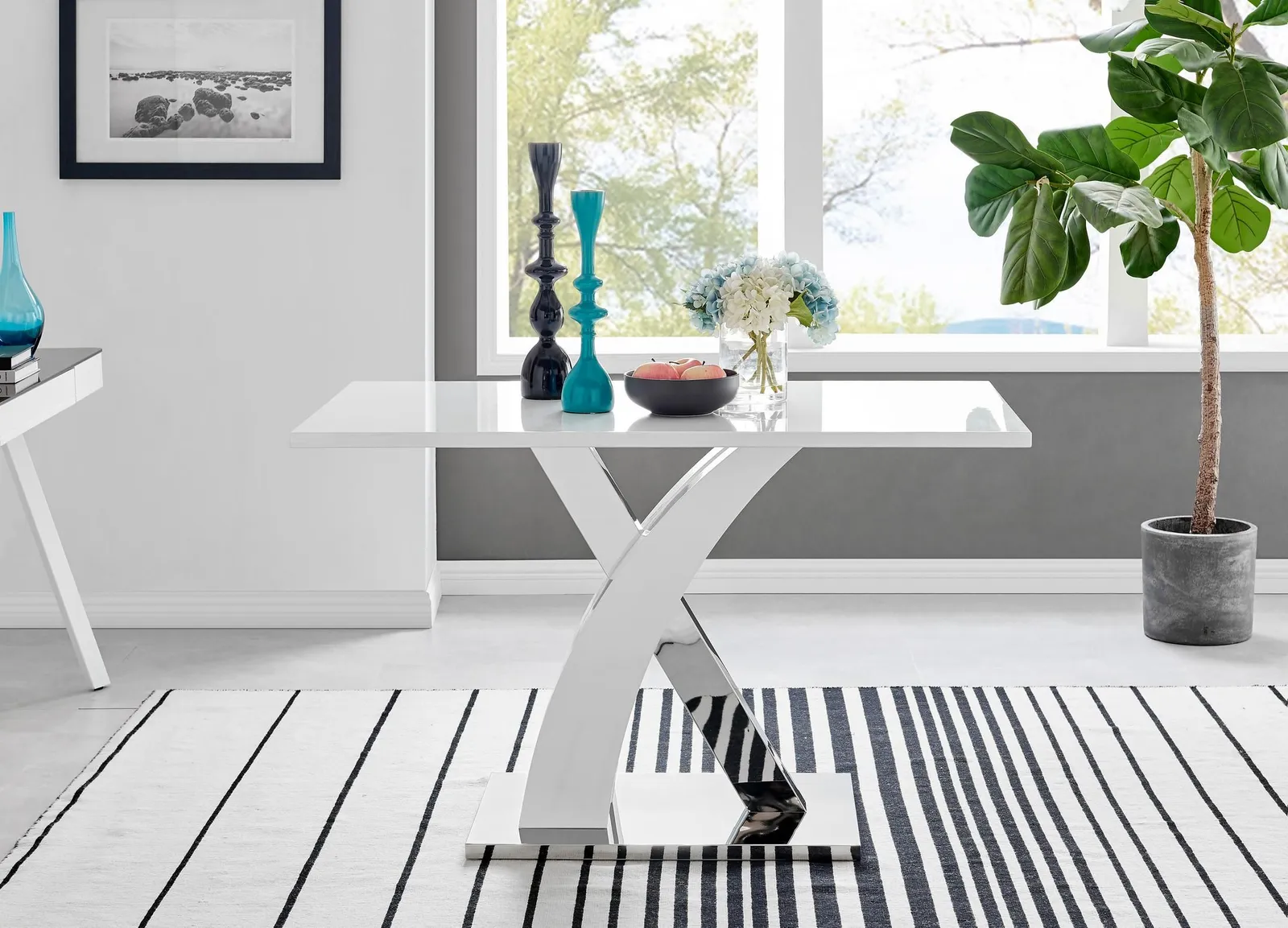 FurnitureboxUK Atlanta White High Gloss & Chrome 4 Seater Dining Table with X Shaped Legs & 4 Soft Velvet Milan Chairs in Black 3