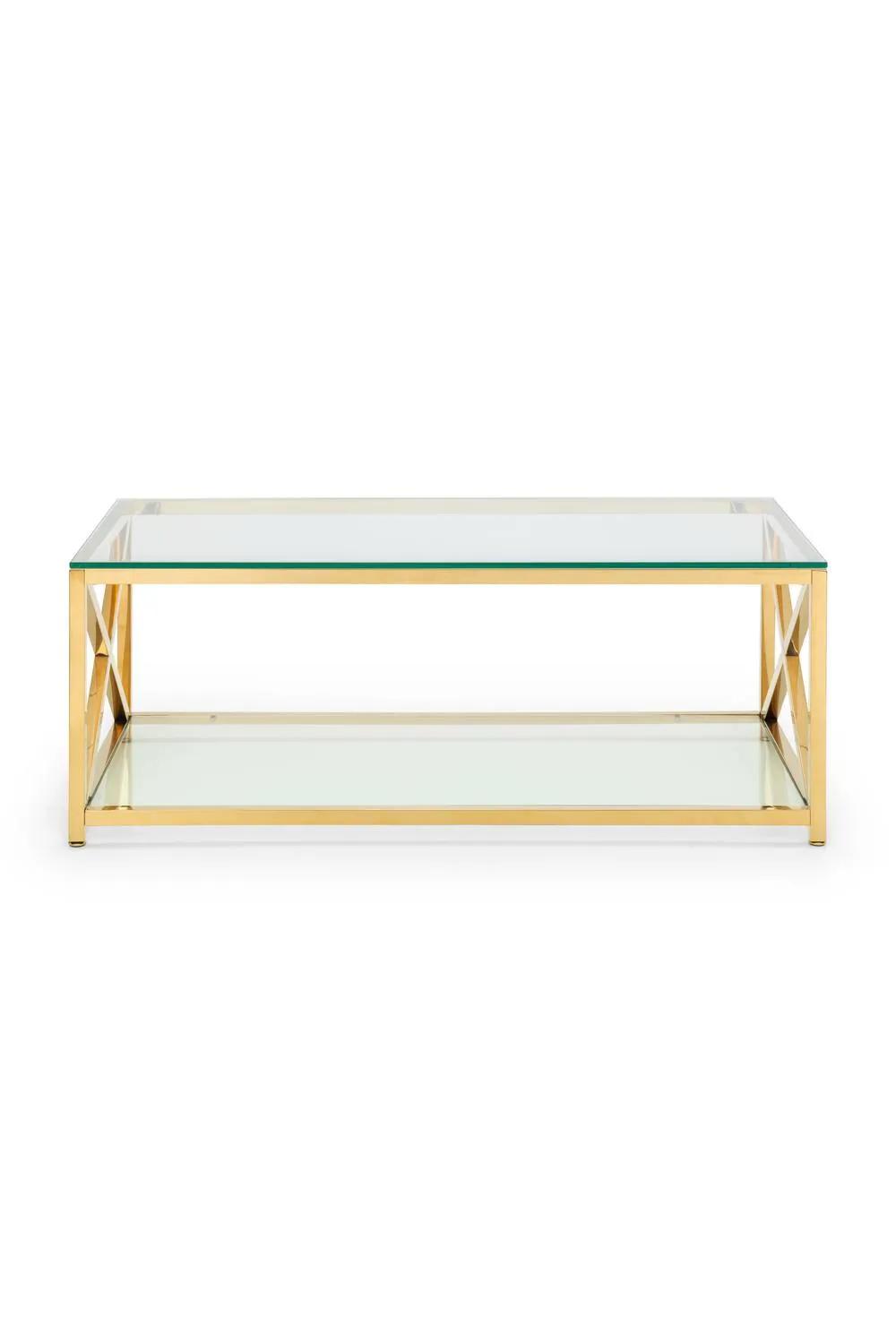 Julian Bowen Miami Glass Top Cross Frame Coffee Table with Shelf in Gold 4