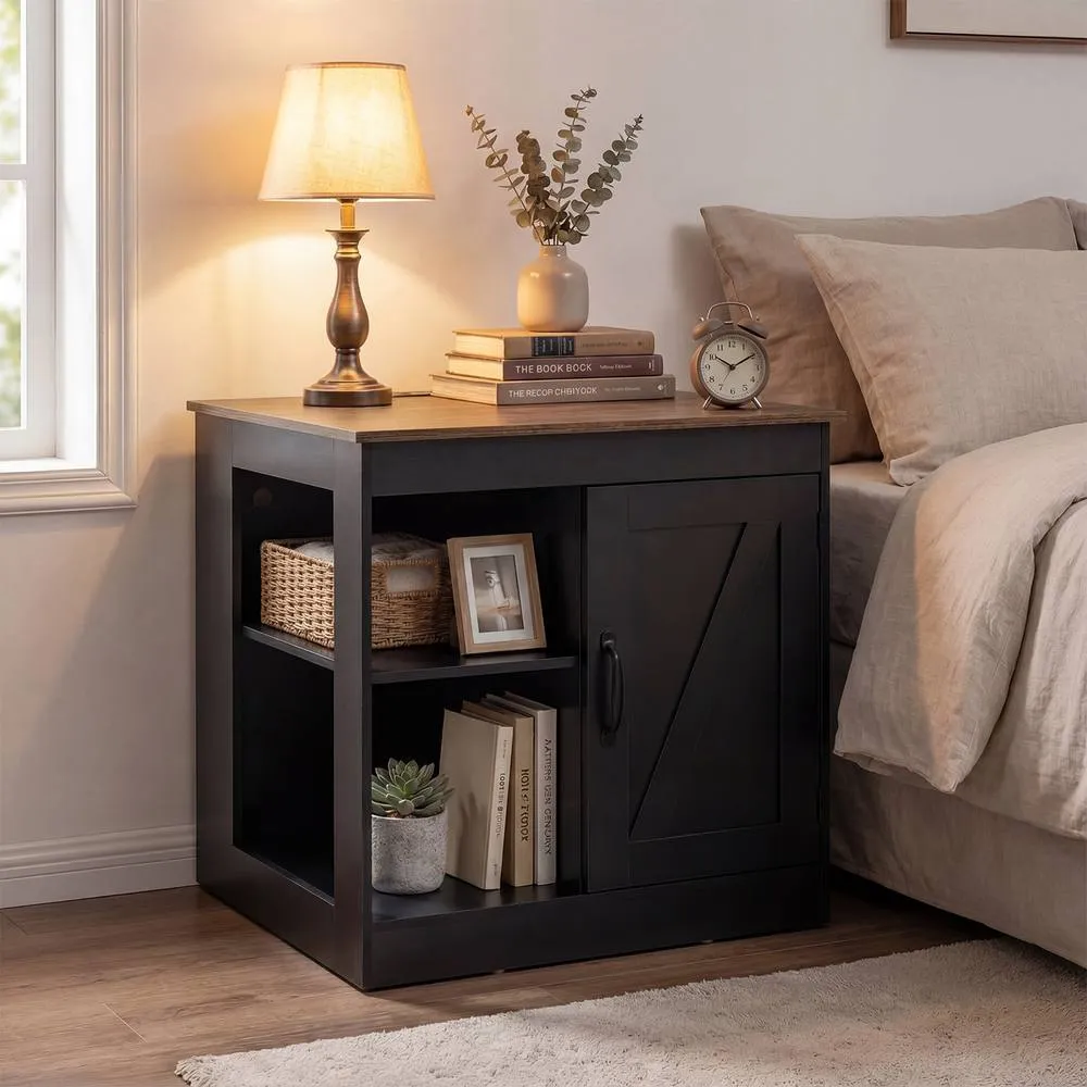 Costway Farmhouse Nightstand w/Charging Station Wooden Bedside Table End Table in Black 5