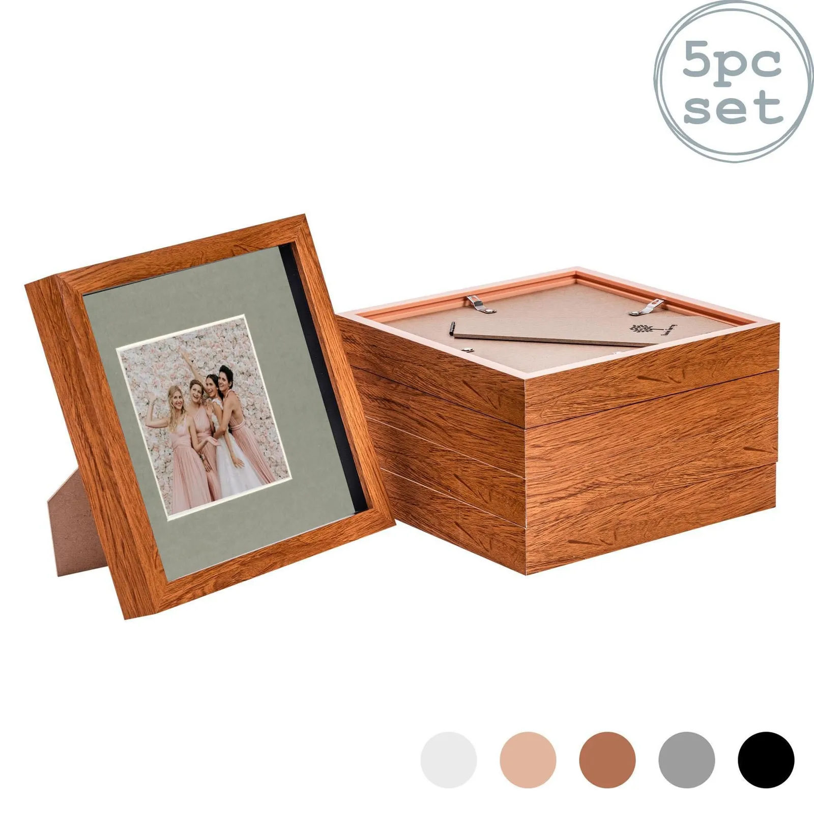 Nicola Spring 3D Box Photo Frames - 8 x 8" with 4 x 4" Mount - White Mount - Pack of 5 in Dark Brown