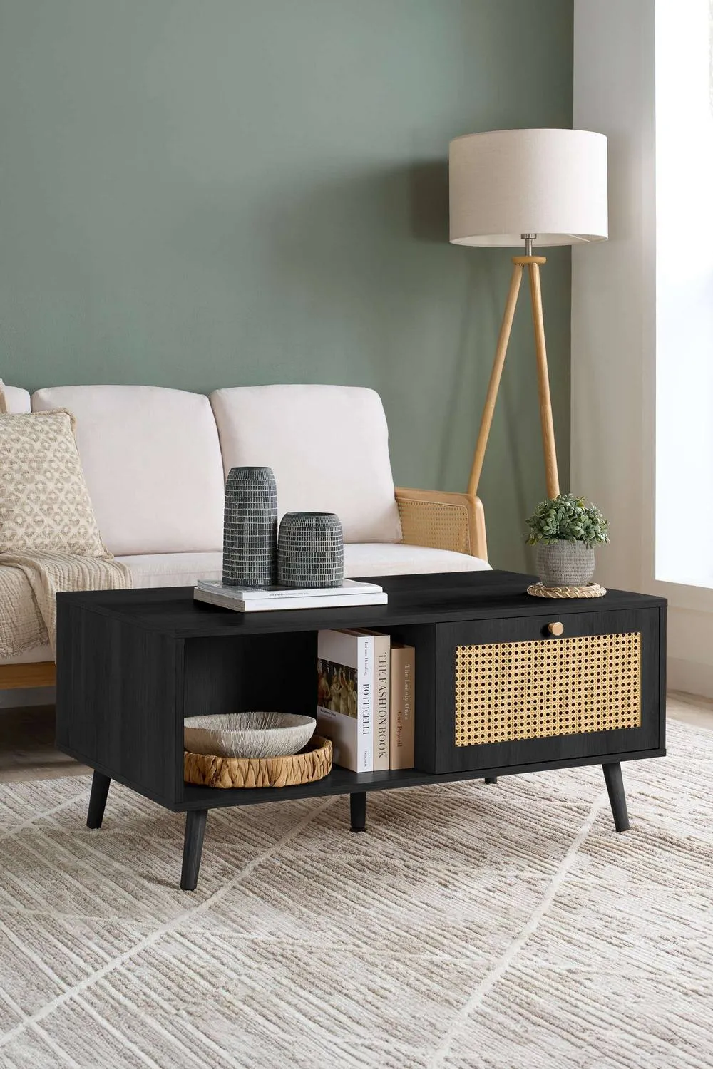 Birlea Croxley Coffee Table Black Rattan with Storage