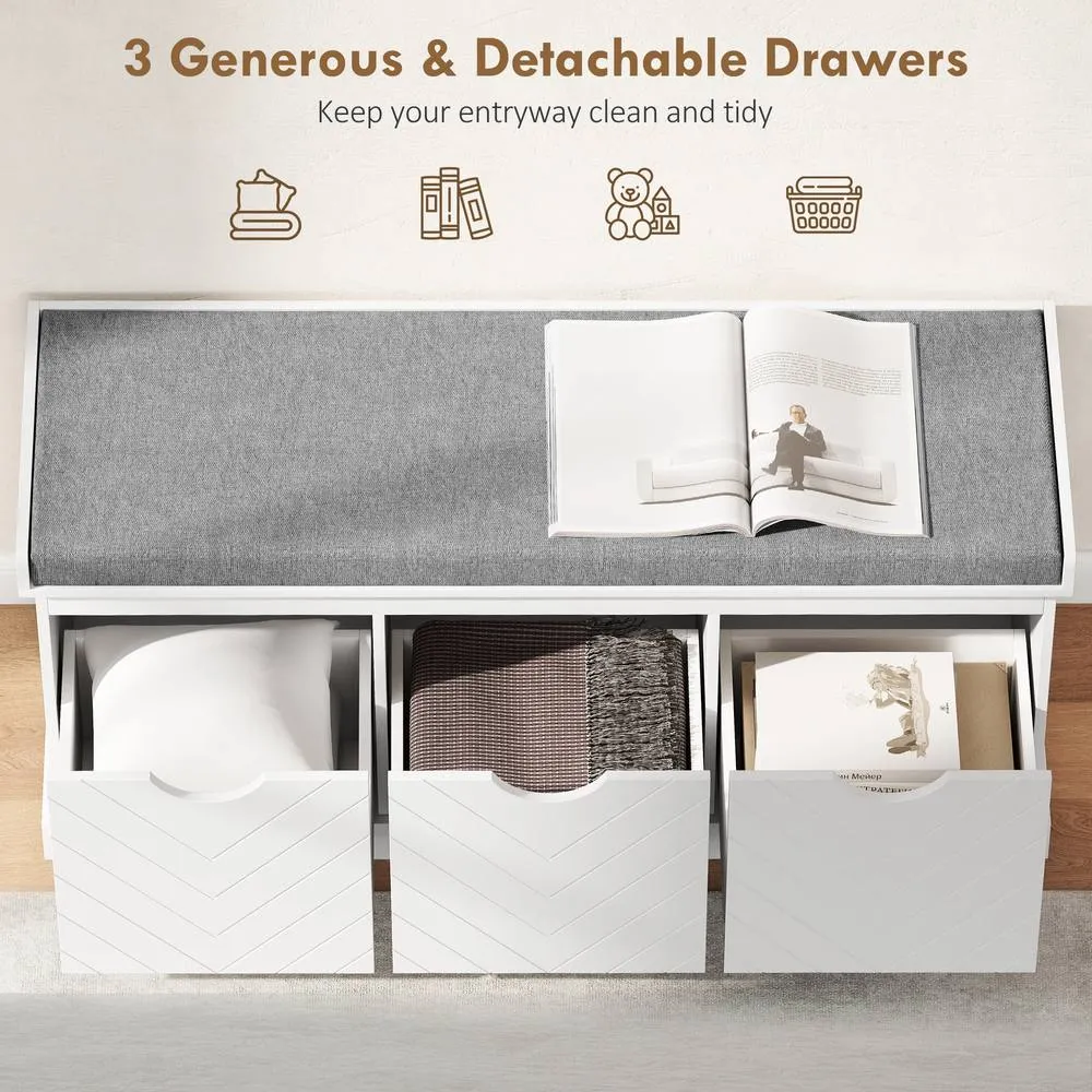 HOMCOM Shoe Storage Bench with 3 Removable Drawers & Padded Seat, White 5