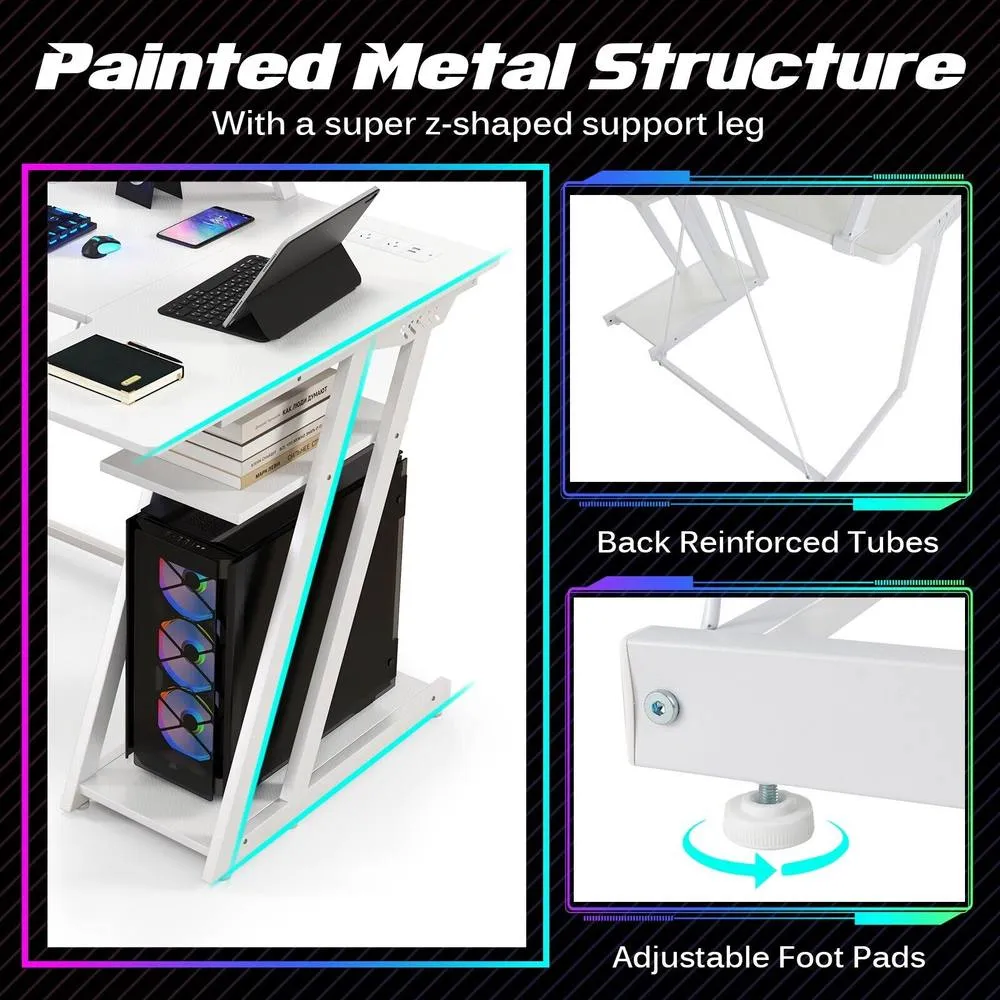 Costway L-Shaped Gaming Desk Small Computer Desk w/ Monitor Shelf & Outlets in White 6